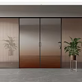 Modern Glass Sliding Doors With Ribbed Glass Panels And Potted Plants On Wooden Floor