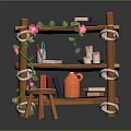 Wooden Bookshelf with Books Vines Pink Flowers Mugs and Small Stool