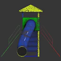 Children's Playground Equipment With Two Yellow Roofs Blue Slides And Colorful Ladders