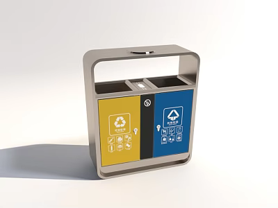 Modern Sorted Trash Bin With Dual Compartments Yellow Blue Recycling Symbols And Icons 3d model