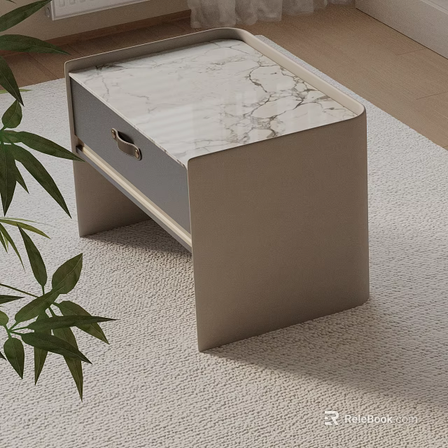 Modern Beige Bedside Table With Marble Top Drawer And Green Plant On Carpet 3d model 