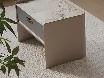 Modern Beige Bedside Table With Marble Top Drawer And Green Plant On Carpet 3d model