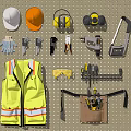 Modern tool hole plate hardware tool wall hardware combination screwdriver electric drill saw hexagon socket tool safety helmet combination 3d model