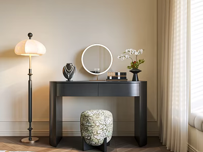 Elegant Black Dressing Table With Round Mirror Floor Lamp Orchid Flowers And Patterned Stool 3d model
