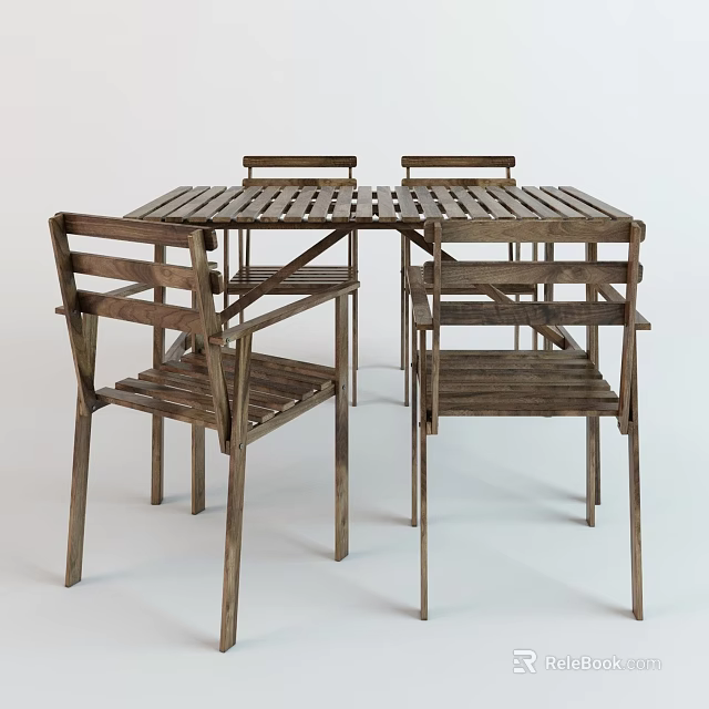 Rustic Wooden Dining Table Set With Square Slatted Top And Four Chairs 3d model
