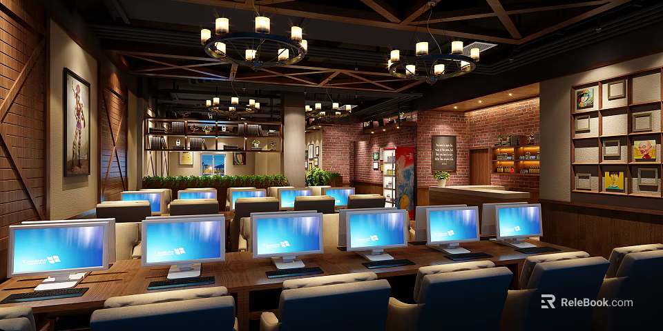 Modern Internet Cafe Interior With Computers Wooden Tables Comfortable Chairs Chandeliers Brick Walls Green Plants 3d model 