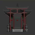 Traditional Chinese Architectural Elements Featuring Pagoda Red Torii Gate Hanging Lanterns And Stone Lanterns