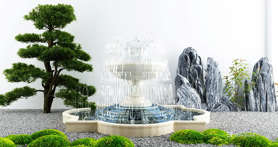 Garden Ornament With Tiered Fountain Pine Tree Rockery And Green Shrubs 3d model 