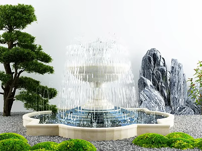 Garden Ornament With Tiered Fountain Pine Tree Rockery And Green Shrubs 3d model