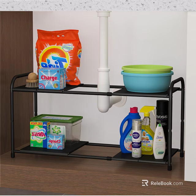 Organized Laundry Cleaning Supplies on Black Storage Shelf with Detergent Brush and Basin 3d model 