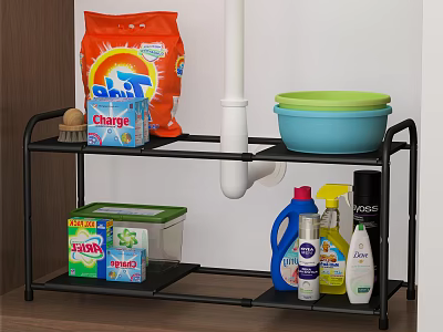 Organized Laundry Cleaning Supplies on Black Storage Shelf with Detergent Brush and Basin 3d model