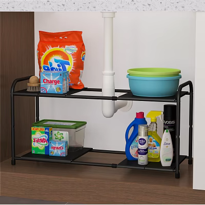 Organized Laundry Cleaning Supplies on Black Storage Shelf with Detergent Brush and Basin 3d model