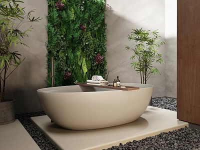 Freestanding Bathtub In Bathroom With Living Green Wall And Plants 3d model
