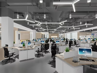 Modern Public Office Space With Open Layout Desks Computers And Green Plants 3d model