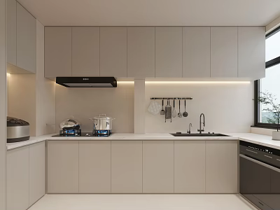Modern Kitchen Interior With Grey Cabinets Countertop Range Hood Sink And Appliances 3d model