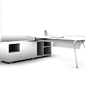 Modern Office Desk With Wooden Top Black Metal Legs And Storage Cabinet