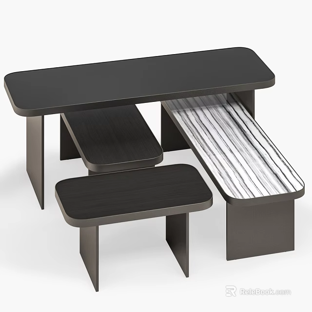Modern Coffee Table With Black Tabletop Wooden Structure And Striped Stools Design 3d model