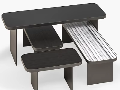 Modern Coffee Table With Black Tabletop Wooden Structure And Striped Stools Design 3d model
