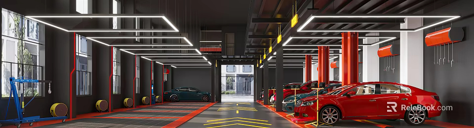 Modern Car Dealership Showroom Interior With Ceiling Lighting Red Black Floor Displaying Various Cars 3d model 