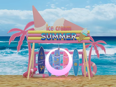 Summer Ice Cream Themed Photo Spot With Palm Trees Surfboards And Ocean Waves 3d model