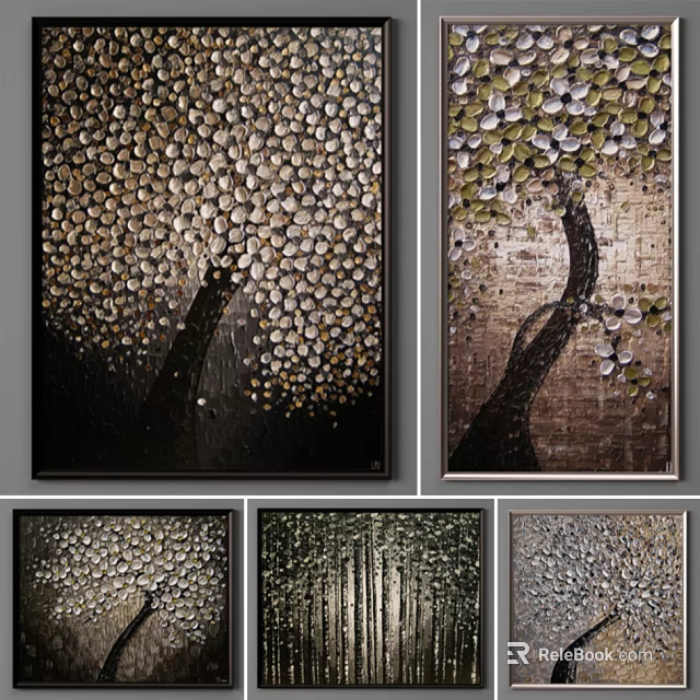 Modern Abstract Paintings With Tree Trunk Decorative Dots And Textured Background 3d model
