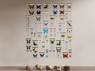 Decorative Hanging Partition With Various Colorful Butterflies And Transparent Strips For Interior Space 3d model