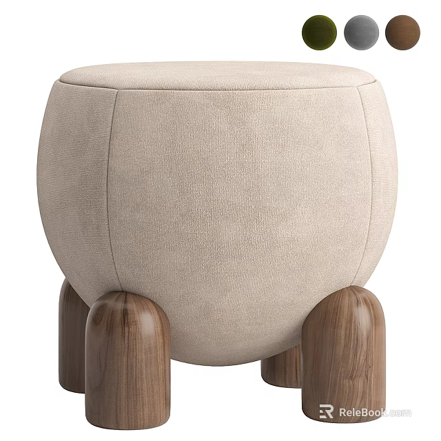Round Upholstered Stool With Beige Fabric Seat And Walnut Wooden Legs 3d model 