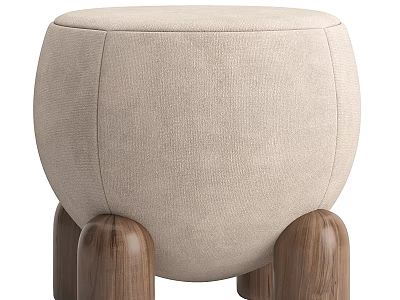 Round Upholstered Stool With Beige Fabric Seat And Walnut Wooden Legs 3d model
