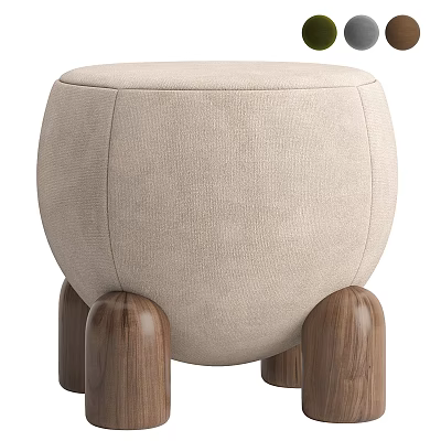 Round Upholstered Stool With Beige Fabric Seat And Walnut Wooden Legs 3d model