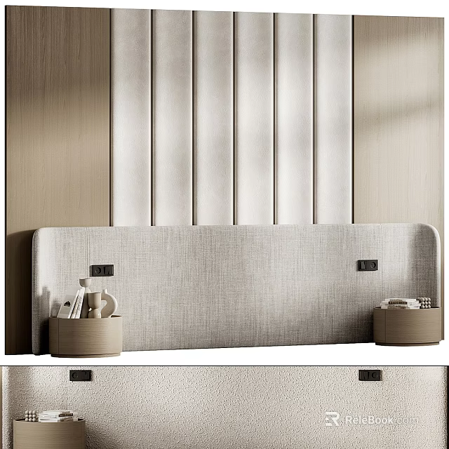 Modern Bed Accent Wall Design With Vertical Stripes Fabric Headboard And Wooden Decor 3d model 