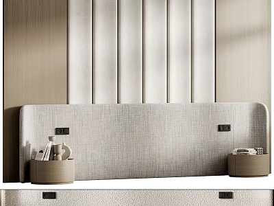 Modern Bed Accent Wall Design With Vertical Stripes Fabric Headboard And Wooden Decor 3d model