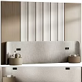 Modern Bed Accent Wall Design With Vertical Stripes Fabric Headboard And Wooden Decor