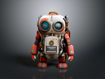Cartoon Robot Figure With Large Blue Eyes Orange White Body And Red Feet 3d model