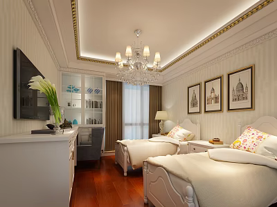 Elegant Hotel Guest Room with Twin Beds Chandelier Decorative Paintings and Flat Screen TV 3d model