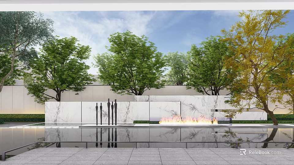 Marble Feature Wall with Reflective Water Pool Flaming Fireplace Sculptures and Green Yellow Trees 3d model 