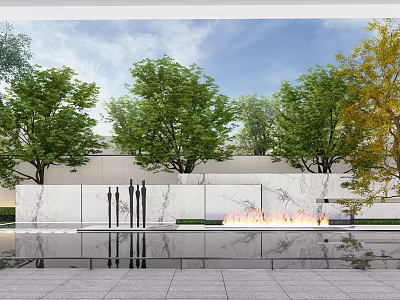 Marble Feature Wall with Reflective Water Pool Flaming Fireplace Sculptures and Green Yellow Trees 3d model