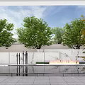 Marble Feature Wall with Reflective Water Pool Flaming Fireplace Sculptures and Green Yellow Trees