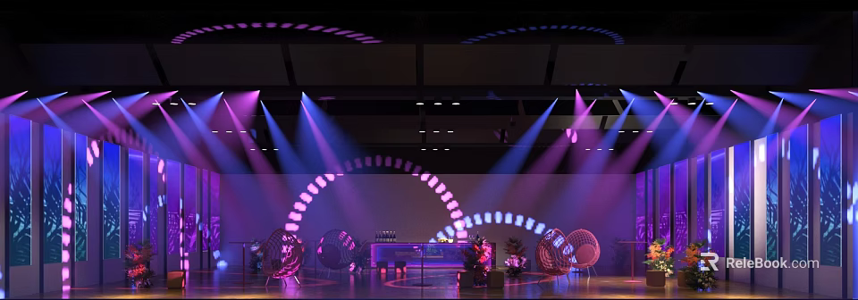 Elegant Banquet Hall with Colorful Stage Lighting and Arched Decorative Elements 3d model 