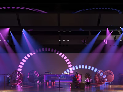 Elegant Banquet Hall with Colorful Stage Lighting and Arched Decorative Elements 3d model