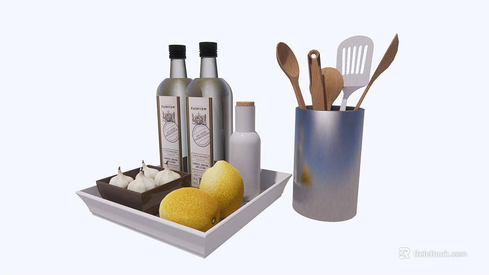 Kitchen Utensils Set With Wooden Spoons Spatula Slotted Turner In Metal Holder Tray Lemon Garlic 3d model 