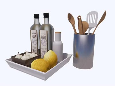 Kitchen Utensils Set With Wooden Spoons Spatula Slotted Turner In Metal Holder Tray Lemon Garlic 3d model