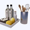 Kitchen Utensils Set With Wooden Spoons Spatula Slotted Turner In Metal Holder Tray Lemon Garlic