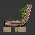 Red Striped Sofa With Green Plants And Wooden Legs