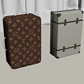 Stylish Brown Monogram Print Suitcase And Light Colored Suitcase With Black Leather Straps 3d model