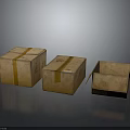Three Brown Cardboard Storage Boxes Two Closed One Open With Yellow Tape 3d model