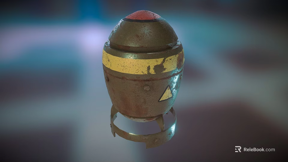 Rusty Military Grenade With Red Top Yellow Stripe And Metal Ring Base 3d model 