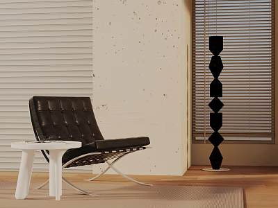 Black Leather Accent Chair With White Side Table Floor Lamp And Blinds In Modern Room 3d model