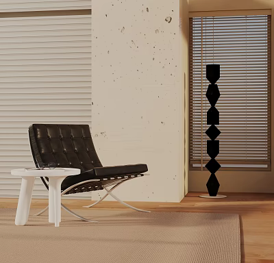 Black Leather Accent Chair With White Side Table Floor Lamp And Blinds In Modern Room 3d model