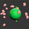 Scenic Landscape View Of Green Sphere With Pink Clouds And Yellow Accent On Gray Background