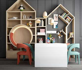 Modern Children's Table and Chair Children's Desk and Chair Bookcase Combination 3d model